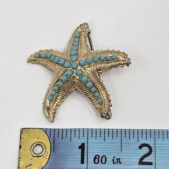 Vintage Signed Maresco Gold Tone Starfish Turquoise Brooch Pin - Picture 5 of 6